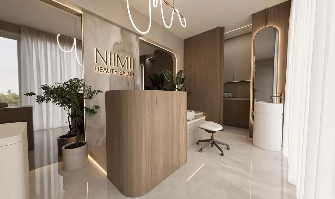 Pohľad na recepciu salónu NIIMII od okna s umývadlom